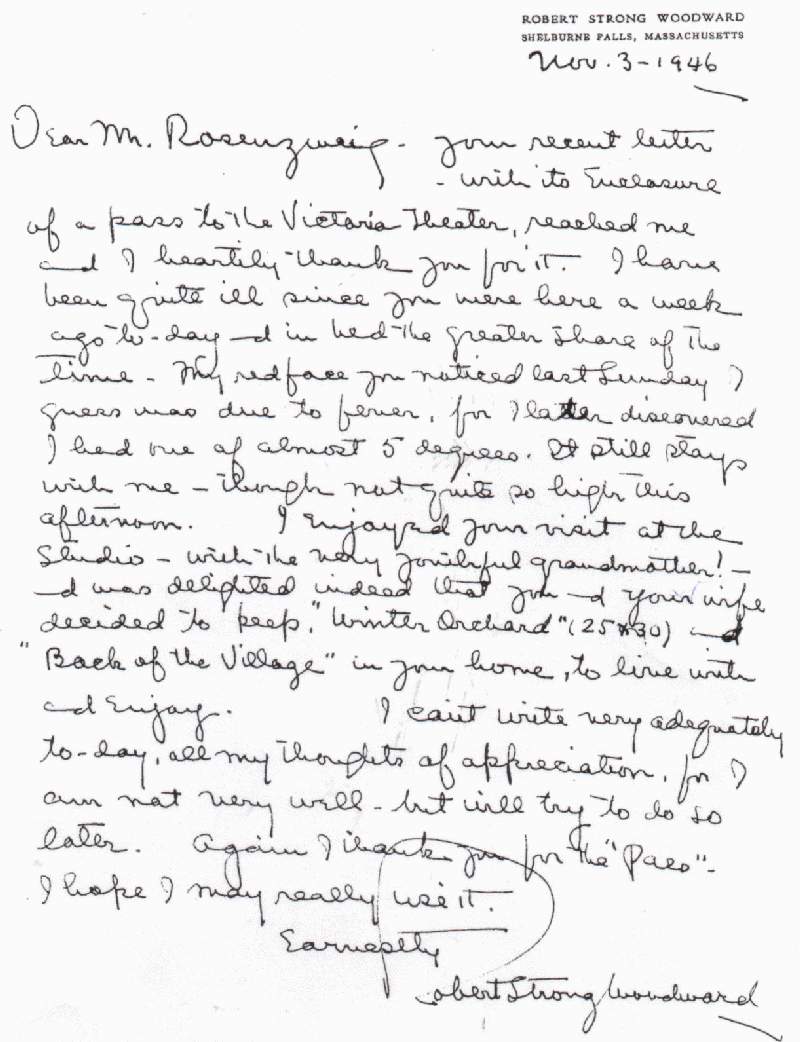 Letter from Robert Strong Woodward to Mr. Rosenzweig, November 3, 1946
